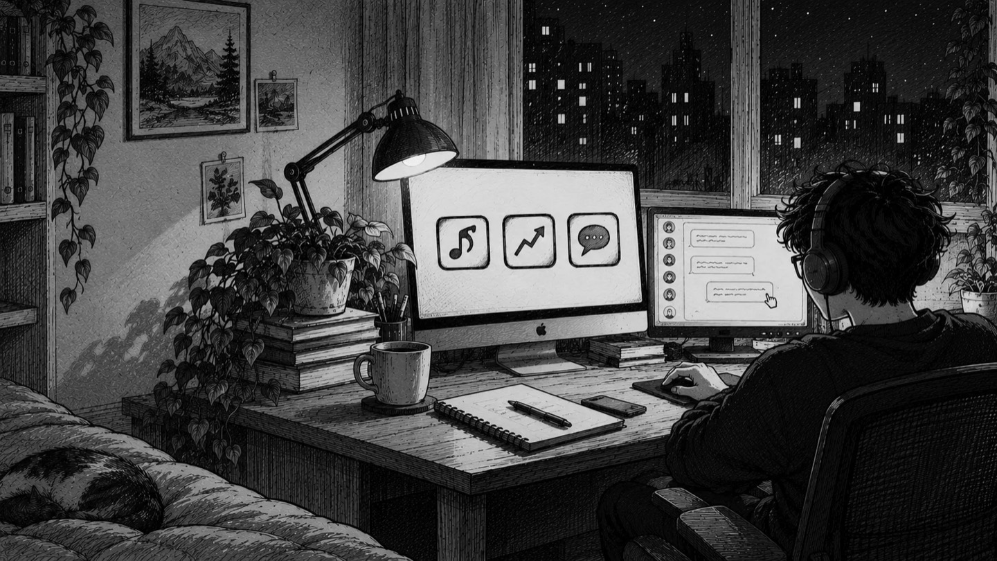 The founder at a night desk with a second screen showing a chat window and a pointer, headphones on