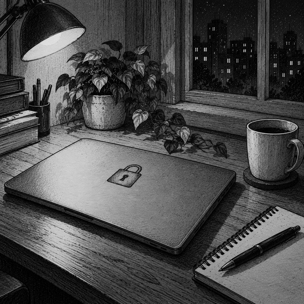 A closed laptop on a desk with a small padlock on its lid, a plant, a mug and a notebook by a night window